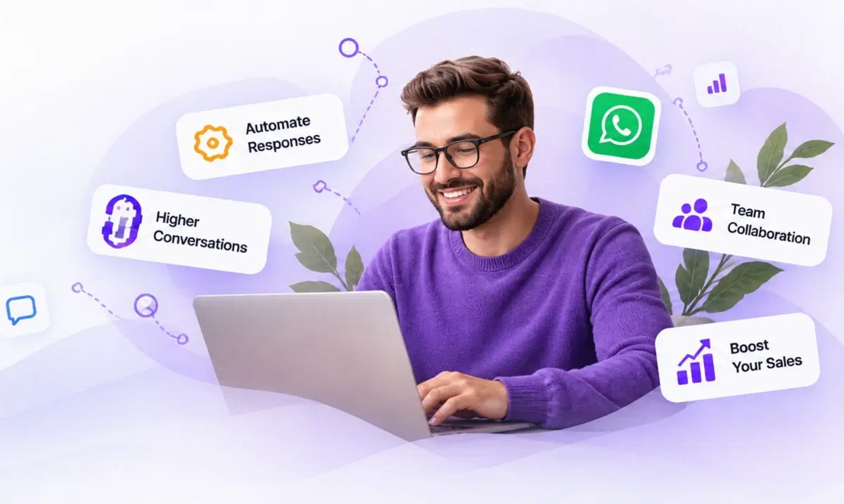 A support agent smiling while replying to WhatsApp messages on his laptop, with floating cards showing automated responses, team collaboration, and sales growth