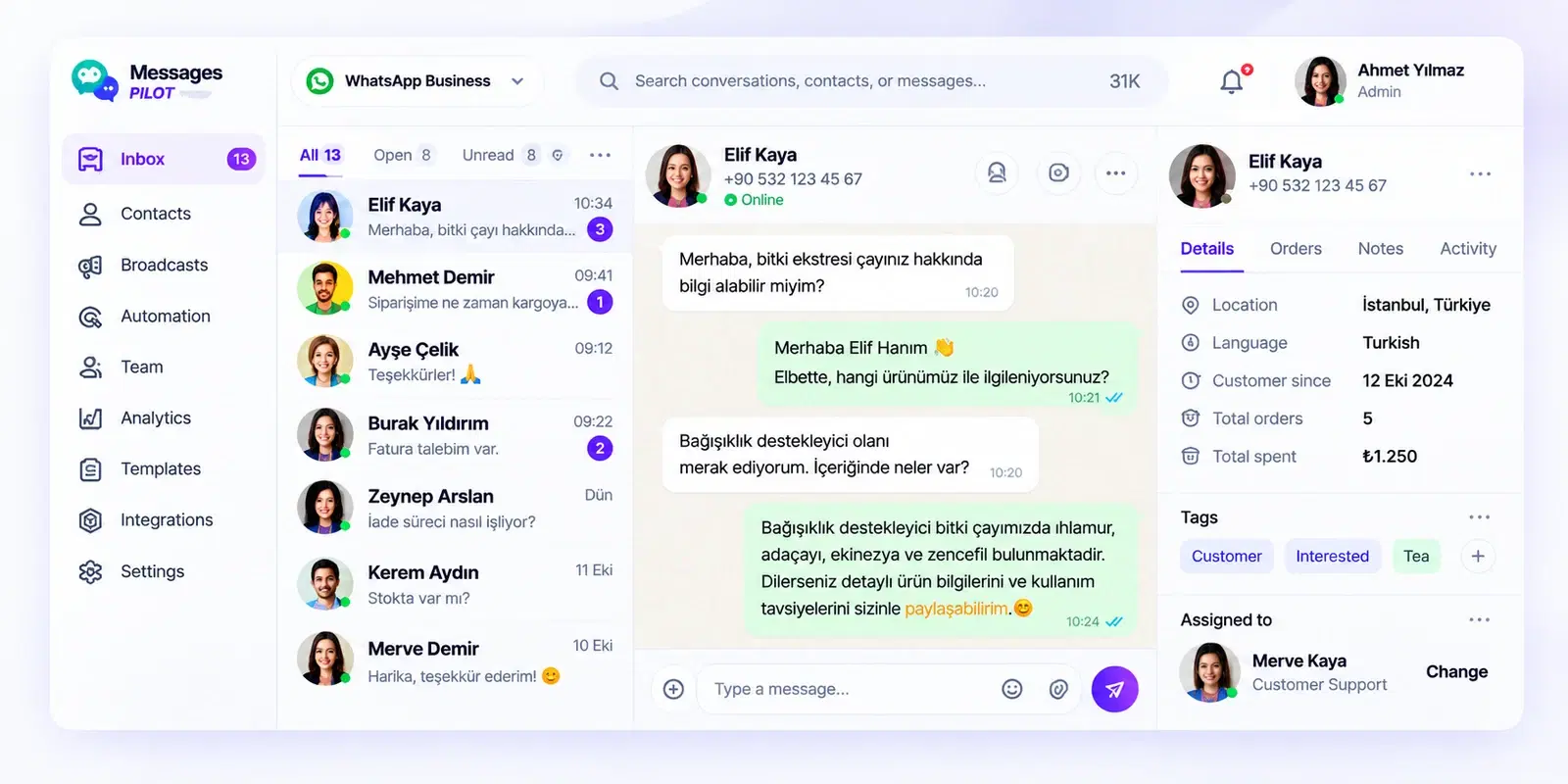 Messages Pilot shared WhatsApp inbox dashboard showing a team conversation with a customer, contact details, and order history